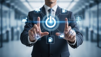 Businessman activating energy management system interface