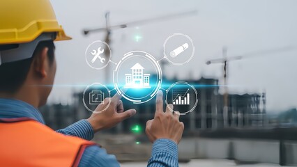 Construction worker interacting with digital interface on site