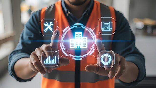 Man in orange vest interacting with digital building interface - Powered by Adobe