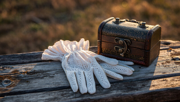 Antique jewelry box with white gloves on a weathered wooden surface.