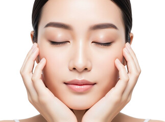 Woman gently touching her face isolated on transparent background