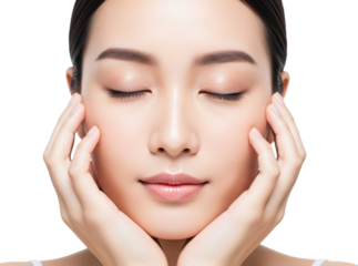 Woman gently touching her face isolated on transparent background