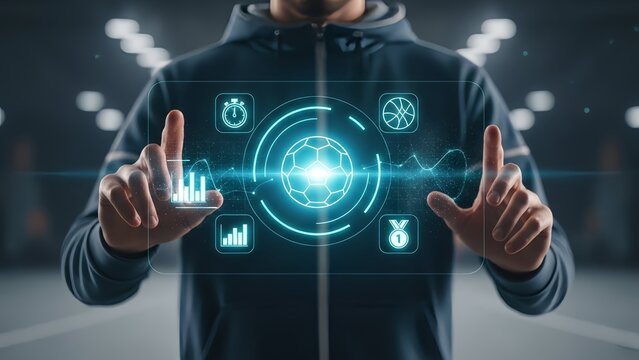 Man interacting with futuristic digital interface for data analysis - Powered by Adobe