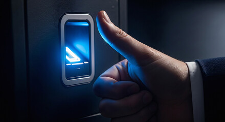 Hand touching illuminated touchscreen panel on an airplane seat with blue light finger