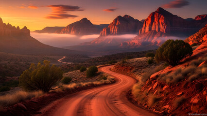 A winding dirt road leads to majestic mountains at sunset in a serene natural landscape