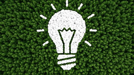 Renewable green energy and energy efficiency, symbolized by a light bulb in a forest representing clean, eco-friendly power sources.