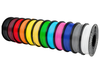 Colorful 3d printer filament spools isolated on transparent background