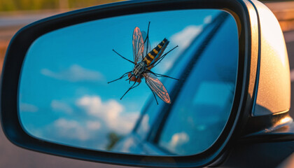 A flying insect with transparent wings reflected in a car's side mirror.