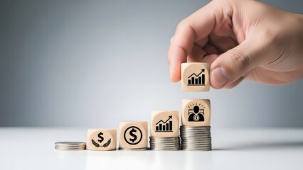 A hand stacking wooden blocks with financial symbols on coins