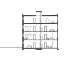 Architectural crosssection drawing of a fourstory building with living spaces and central core © firman