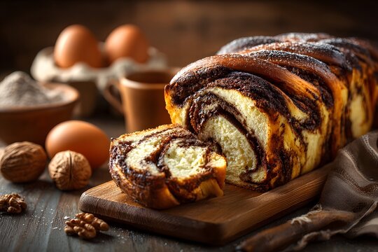 Freshly baked chocolate babka bread sliced on a wooden cutting board to show the swirl with eggs and walnuts in a warm bakery setting.