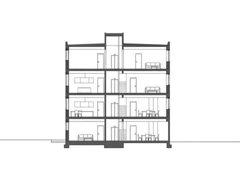 Architectural crosssection drawing of a fourstory building with living spaces and central core