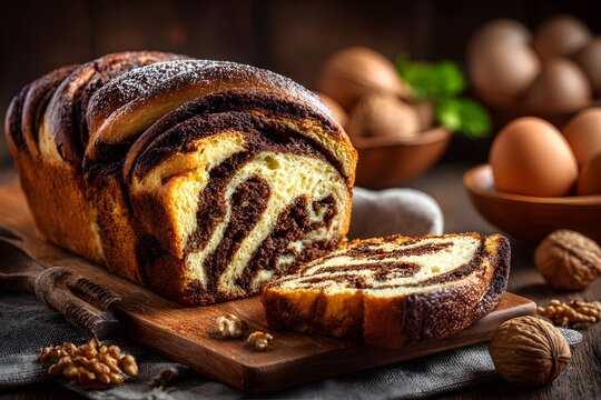 Freshly baked chocolate babka bread sliced on a wooden cutting board to show the swirl with eggs and walnuts in a warm bakery setting.