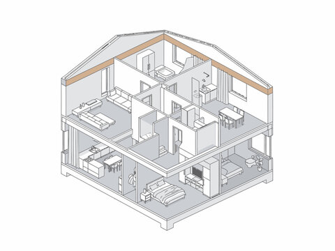 Architectural axonometric cutaway view of a twostory house interior structure