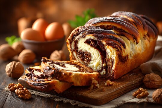 Freshly baked chocolate babka bread sliced on a wooden cutting board to show the swirl with eggs and walnuts in a warm bakery setting.