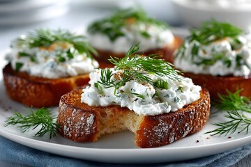 Gourmet appetizer of crusty bread toast topped with cream cheese and fresh dill with a bite taken out showing texture on a white plate.