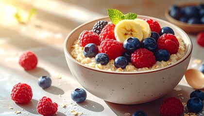 Nutritious Oatmeal Porridge Topped with Fresh Berries and Banana for National Oatmeal Month