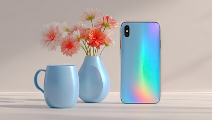 Blue mug and vase with flowers next to iridescent phone.