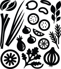cooking ingredients flat lay icon Black silhouette vector illustration on transparent background