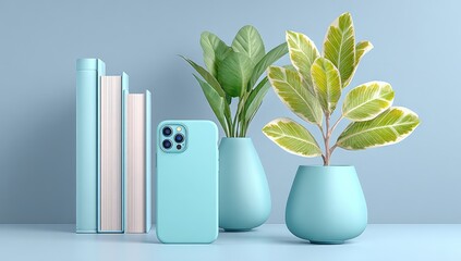 Clean arrangement of a phone case, books, and plants on a blue background.