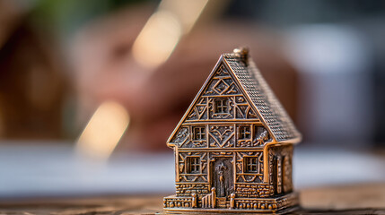 House model on desk during businessman signs concept. Close-up of a detailed miniature house model on a wooden table.