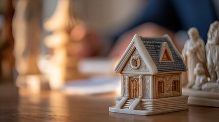 House model on desk during businessman signs concept. Intricate wooden house model on a wooden table with blurred background.