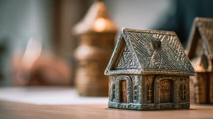 House model on desk during businessman signs concept. Miniature decorative houses crafted with intricate designs.