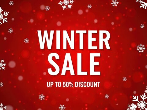 Winter sale up to 50 percent discount advertisement on red background with snowflakes and white text - Powered by Adobe