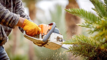 A worker uses a chainsaw to trim a palm tree, showcasing tree care and outdoor work.
