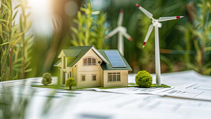 Eco friendly house on blueprints concept. Model house with solar panels and wind turbines in green setting.