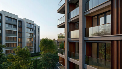 Multifamily homes in modern area concept. Modern apartment buildings with balconies and lush green landscaping.