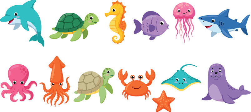 Cute sea animal character collection featuring cartoon dolphin turtle shark octopus crab jellyfish and seal for marine life ocean underwater and vector design.