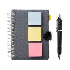 A notebook with colored post-it notes and pencils on top of the open spiral-bound book, transparent background,
