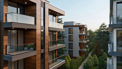 Multifamily homes in modern area concept. Modern residential buildings with balconies surrounded by greenery.