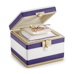 Elegant striped jewelry box with clasp holds a decorative item.