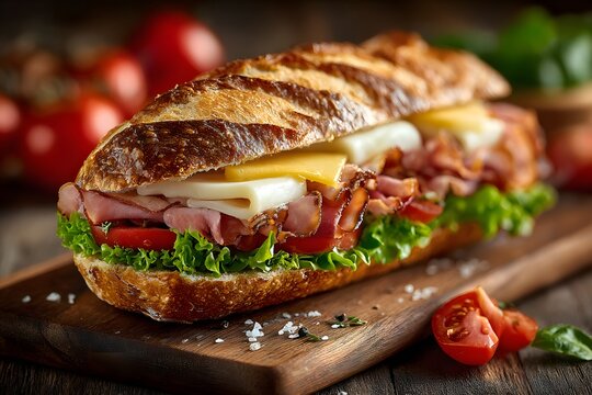 Gourmet baguette sandwich filled with ham cheese tomato and lettuce served on a wooden cutting board with fresh rustic ingredients.