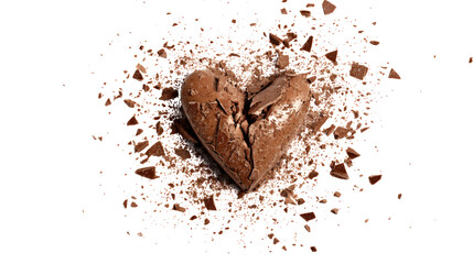 Fototapeta premium Broken chocolate heart symbol of sorrow and sadness on transparent backdrop