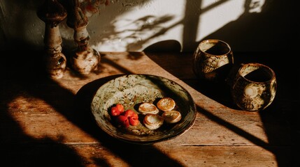 Rustic breakfast with mini pancakes and berries served on a vintage plate.