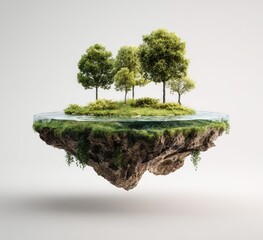 Floating island with trees and vegetation, cutaway shows earth
