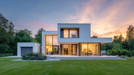 Modern luxury home at sunset