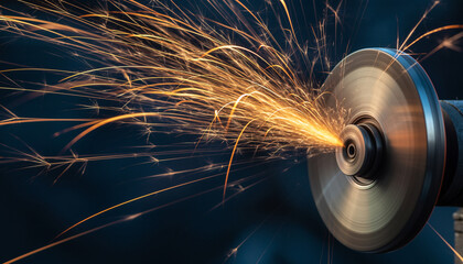 Metal grinding machine producing sparks during the cutting process.