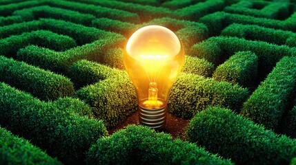 A glowing light bulb illuminates a maze, symbolizing a bright idea and problem-solving.