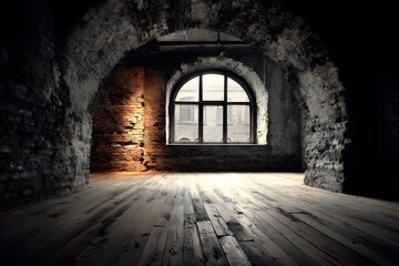 Grunge interior featuring a curved stone wall and large arched industrial window with soft light illuminating the dusty wooden floor.