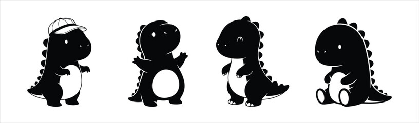 Adorable set of four small black cartoon dinosaurs in charming, playful poses © matahari