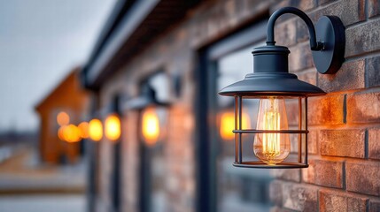 Outdoor wall lamp with a warm glow against a brick wall