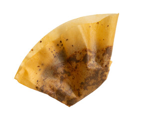 High-resolution photograph of coffee ground paper filter isolate on white, taken with a high-resolution 45MP camera