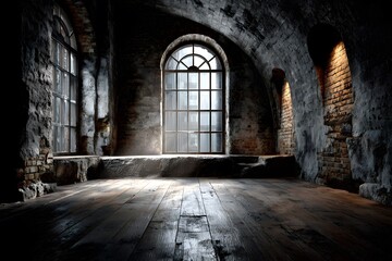 Obraz premium Grunge interior featuring a curved stone wall and large arched industrial window with soft light illuminating the dusty wooden floor.