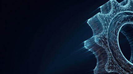 A dynamic digital gear, rendered with intricate lines and illuminated with a captivating blue glow. ..Created with Generative AI, not depicting real subjects.