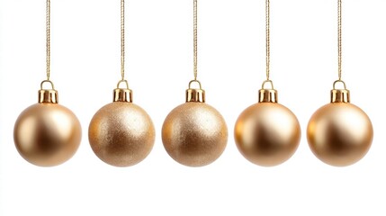 Golden Christmas ornaments hanging against a clean white background.