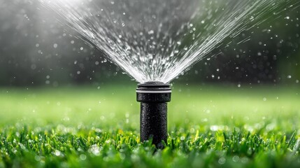 Sprinkler watering lush green grass in a garden